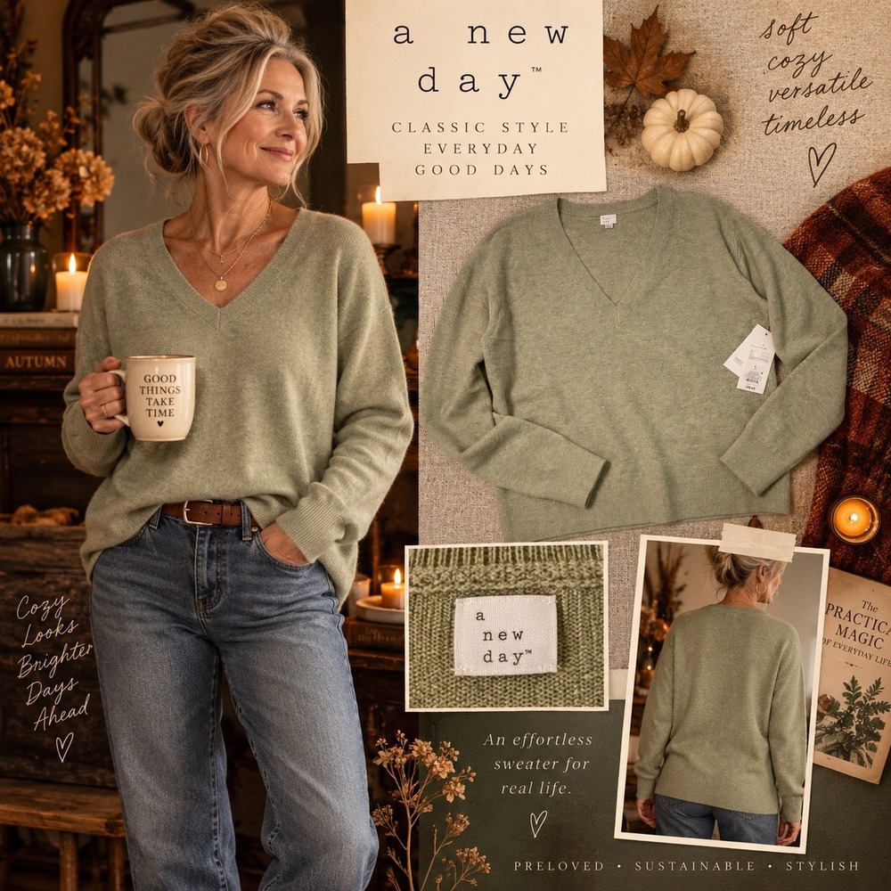 A New Day Womens V-Neck Sweater Light Green Heather Knit Pullover Size L NWT